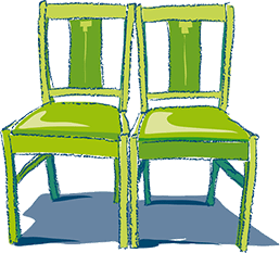 Grafik von zwei leeren gleichgroßen grünen Stühlen nebeneinander.